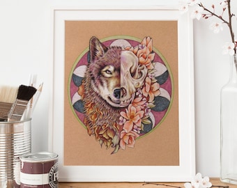 Wolf Art | 10x8 Giclee Print | Animal Skull | Macabre Art | 21st Birthday Gift for Him
