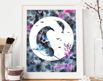 Narwhal | 10x8 Giclee Print | Whale Wall Art | Watercolour Whale | 50th birthday gifts for her