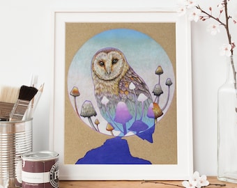 Barn Owl | 10x8 Giclee Print | Mushroom Print | Owl Gifts | Owl | 50th birthday gifts for her