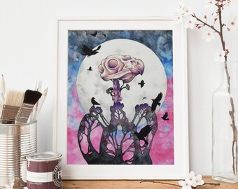 Raven Skull | 10x8 Giclee Print | Macabre | Supernatural | Witchy Gifts | Occult Decor