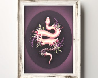 Macabre Art | 7x5 Giclee Print | Snake Skeleton | Snake Gift | Dark Academia | Anatomy