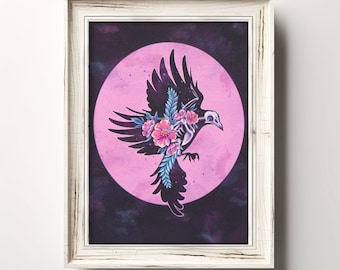 Bird Skull | 7x5 Giclee Print | Goblincore Decor | Whimsigoth | Raven Art