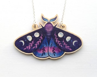 Moth Necklace | Whimsigoth | Wooden Statement Necklace | Moon Phases | Dark Academia