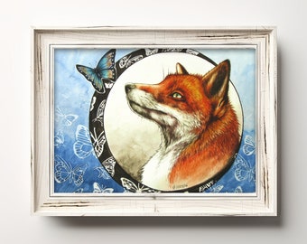 Fox Print | 5x7 Giclee Art | Butterfly Print | Fox lover Gift | Rustic Wall Art