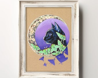 Crazy Cat Lady Gift | 7x5 Giclee Print | Black Cat | Luna Moth | Witchy