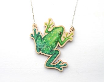 Frog Necklace | Wooden statement Necklace | Goblincore | Flower Frog