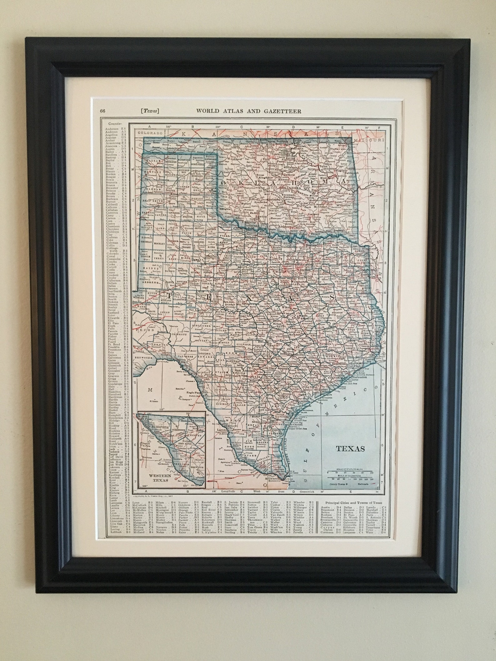 Texas Framed Vintage Map // 1922 Original Framed Map of Texas Etsy