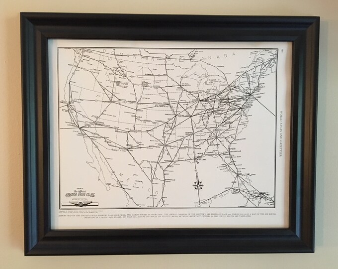 Vintage US Aviation Map // 1943 Original Framed Map of United States