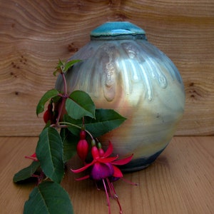 Copper fumed Raku ceramic Vase made by Simon Eeles, , hand thrown decorative pottery,  colourful present for any occasion.