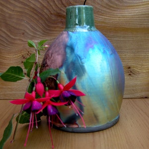 Copper fumed Raku ceramic Vase made by Simon Eeles, , hand thrown decorative pottery,  colourful present for any occasion.