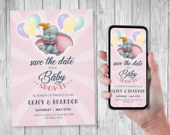 Dumbo Save the Date Baby Shower Invitation, Stork Baby Shower Editable Invite, Printable or Digital, Elephant Baby Shower Invite, Download