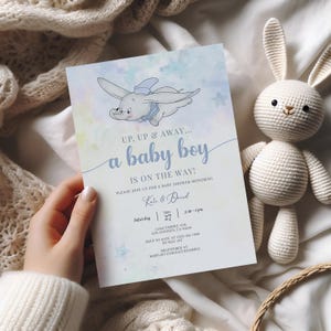 Invito Dumbo Baby Shower Boy, invito modificabile Baby Shower Cicogna, stampabile o digitale, invito Baby Shower Elefante, blu, scaricabile
