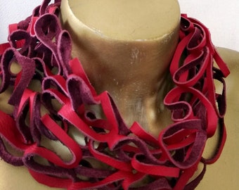 Bold red leather statement necklace / collar / scarf - recycled leather - long / short- recycled - metal / nickel free