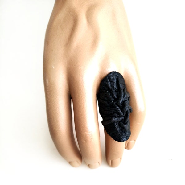 Big, Black, recycled leather statement ring - metal free - any size - handmade - extravagant -huge - avant garde