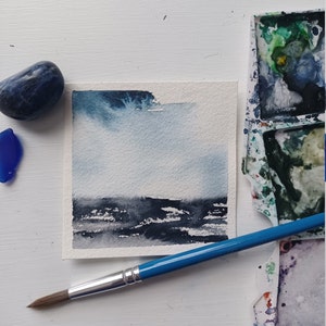 Small watercolor landscape | indigo and gray | impressionistic | 3x3