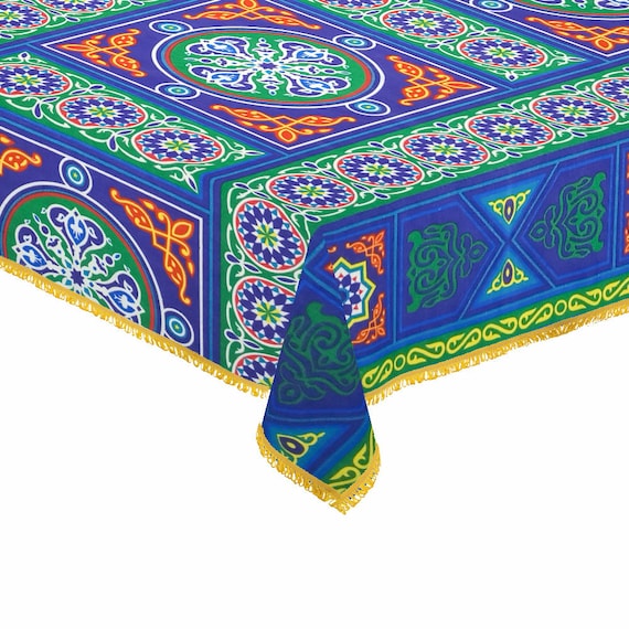 CraftiEgypt Egyptian Ramadan Decorations Colorful Blue Printed Khayamiya Cotton Linen Tablecloth Cover Top Rectangle 70 Inches 178 cm