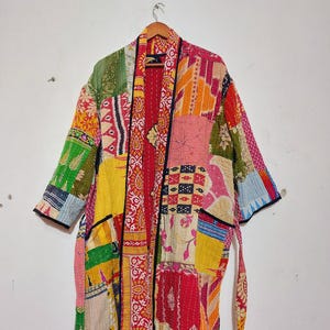 Vintage Kantha Quilted Kimono Robe, Patchwork Cotton Dressing Gown