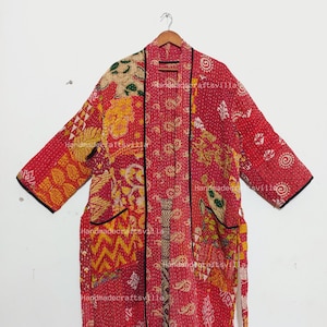 Vintage kantha handmade Red Patchwork Kimono-Robe