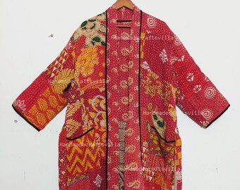 Vintage kantha handmade Red Patchwork Kimono-Robe