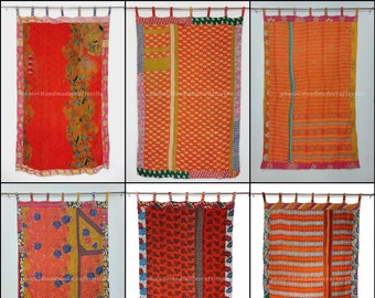 Vintage Kantha Handmade Cotton Orange Curtain, Door curtains / Window Curtains / Shower Curtains/ Size Option Available