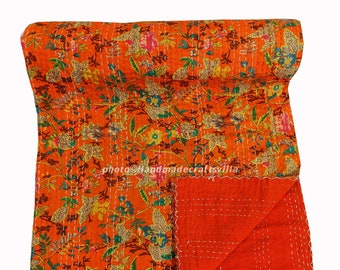 Indian Kantha Quilt Bedspread Bedding Throw Cotton Blanket Paradise Orange Print