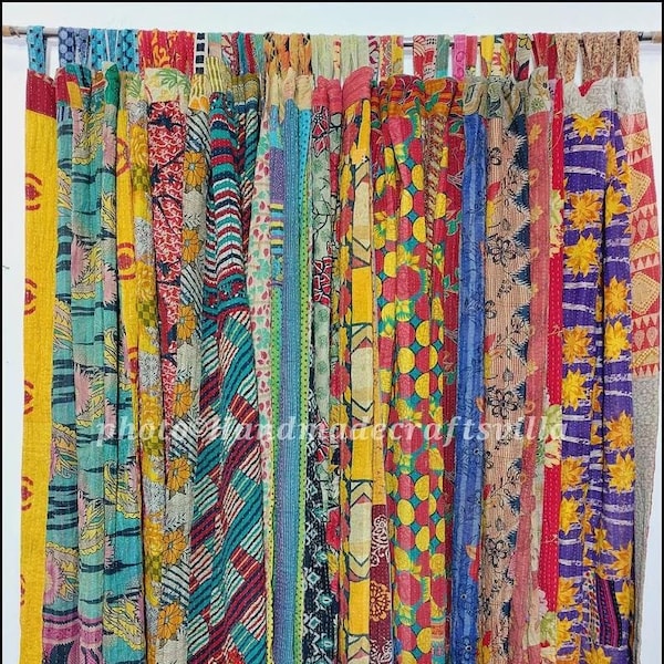 Sari Kanth de algodón antiguo vintage, cortina reciclada y reversible, cortina Kantha hecha a mano