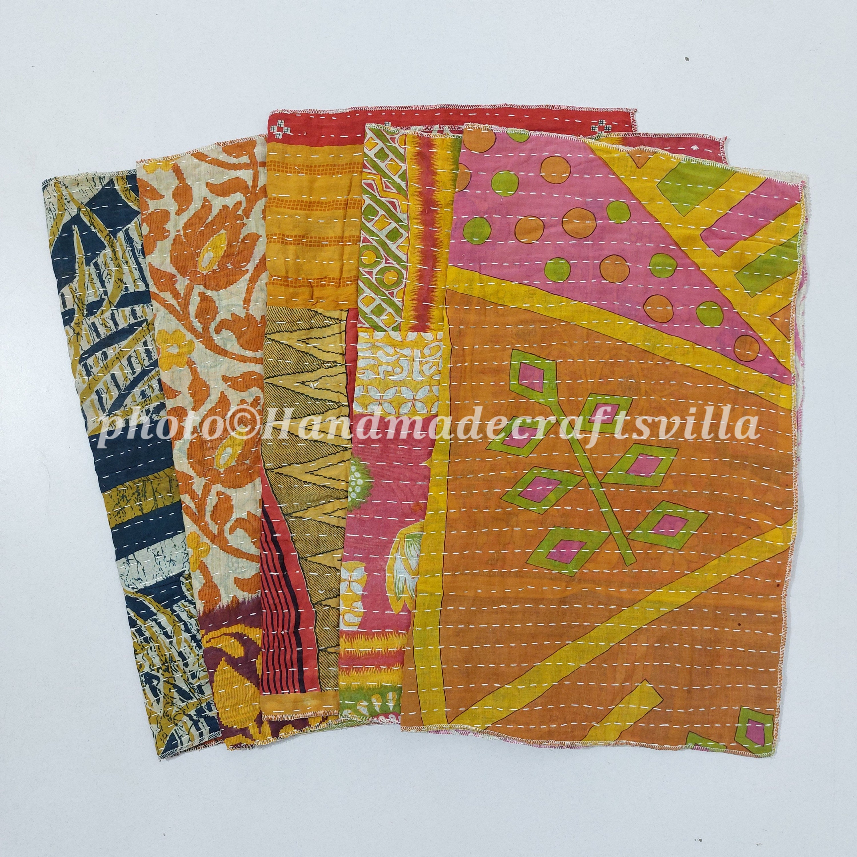 Double-Layered Recycled Cotton Tea Towels with Indian Saris Kantha Quilt Embroidery for Kitchen Dishes - Bohemian Boho Decor Set of 3