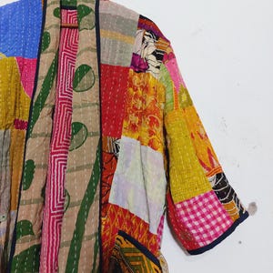 Vintage Kantha Patchwork Kimono Jacket, Boho Indian Sari Duster, Bohemian Cotton Robe image 3