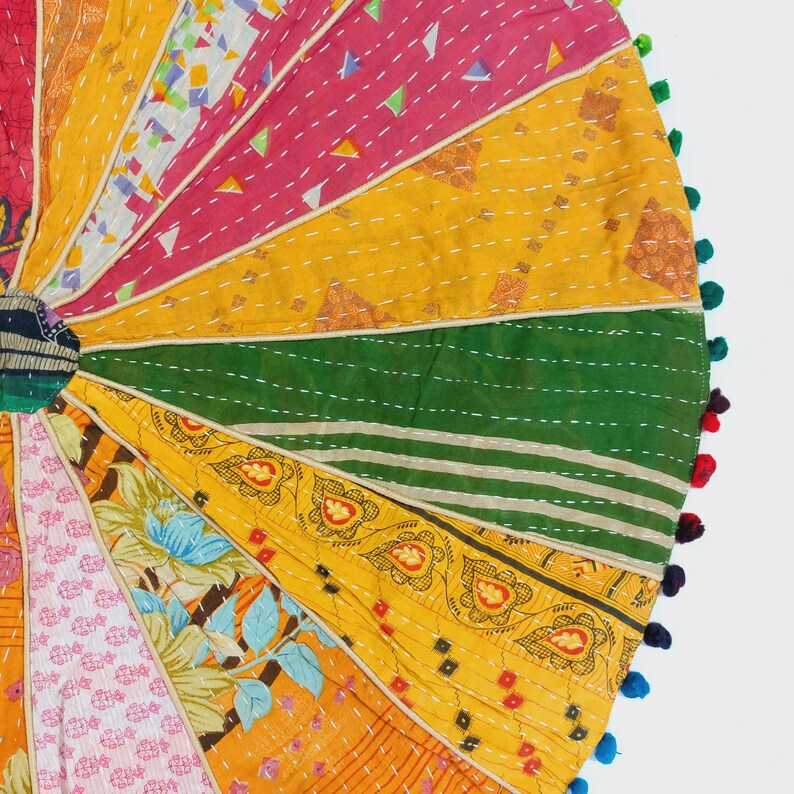 Kantha Round Patchwork Floor Mat | Vintage Saree Rug | Pom Pom Trim ...