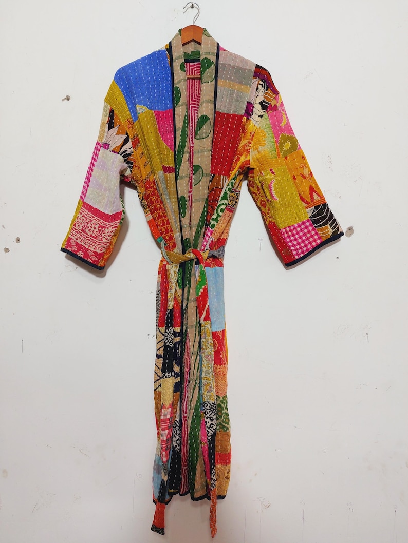 Vintage Kantha Patchwork Kimono Jacket, Boho Indian Sari Duster, Bohemian Cotton Robe image 4