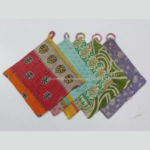Vintage Kantha Quilted Pot Holder Set 4 Pcs : Handmade Cotton, Ethnic Style