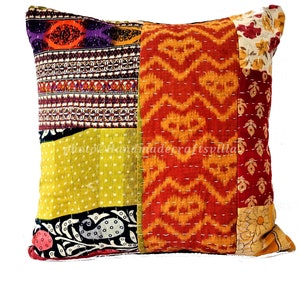 Kantha Patchwork Cushion Cover Set of 5: Bohemian Throw Pillows, 20x20 Inch