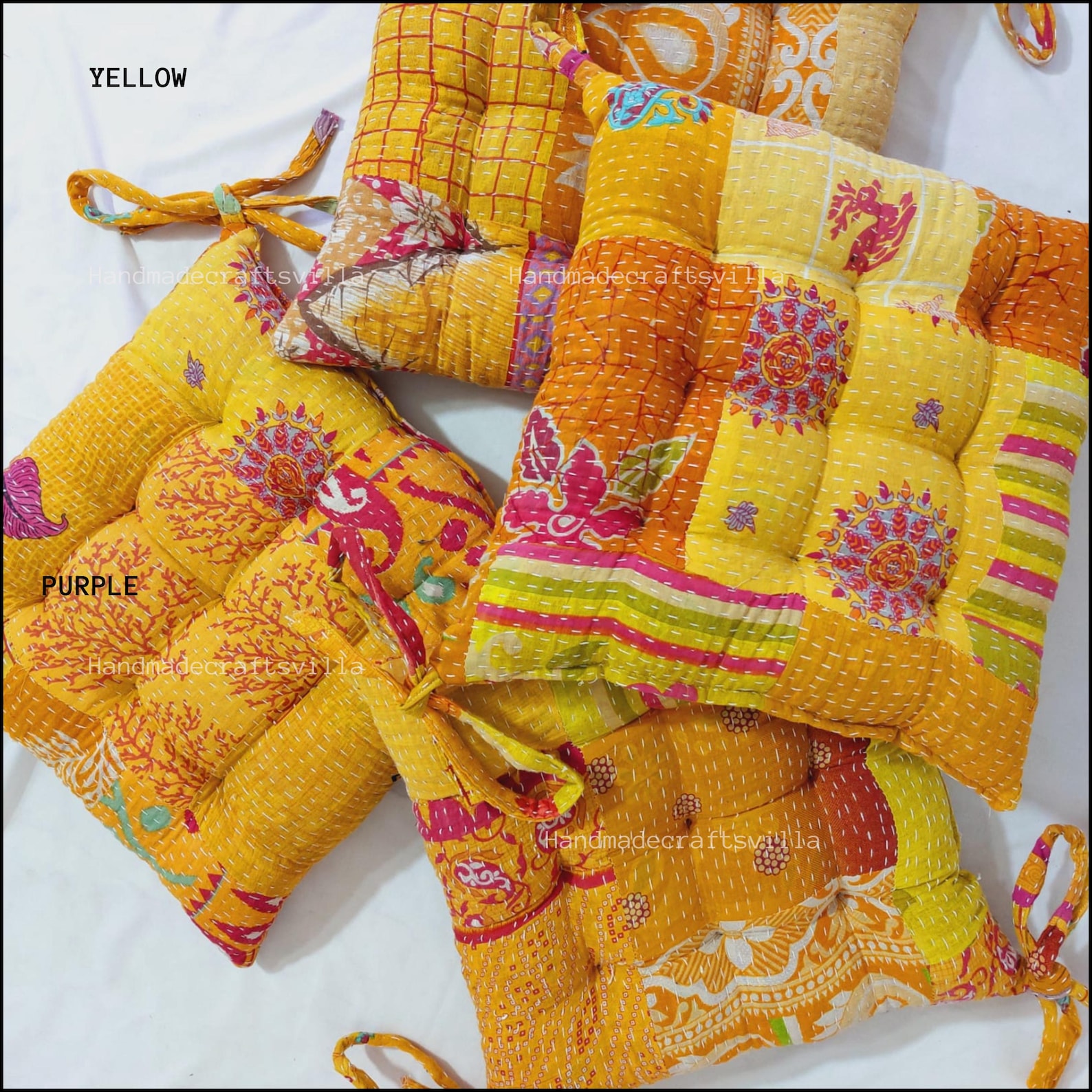 Handmade Kantha Quilted Cotton Chair Pad 14x14 inches, Yellow