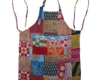Avental vintage de algodão acolchoado com patchwork Kantha – Reversível, estilo boho, para cozinha.