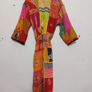 Vintage Kantha Patchwork Kimono Jacket, Boho Indian Sari Duster, Bohemian Cotton Robe image 5