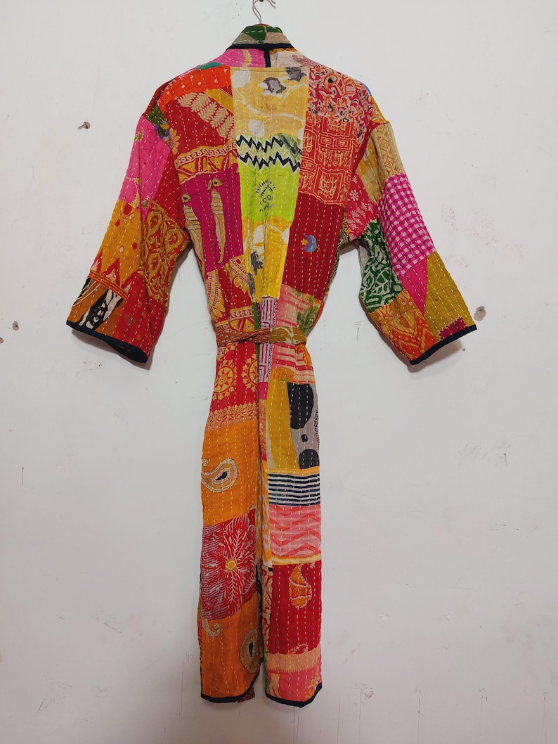 Vintage Kantha Patchwork Kimono Jacket, Boho Indian Sari Duster, Bohemian Cotton Robe image 5