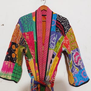 Vintage Kantha Patchwork Kimono Jacket, Boho Indian Sari Duster, Bohemian Cotton Robe image 7