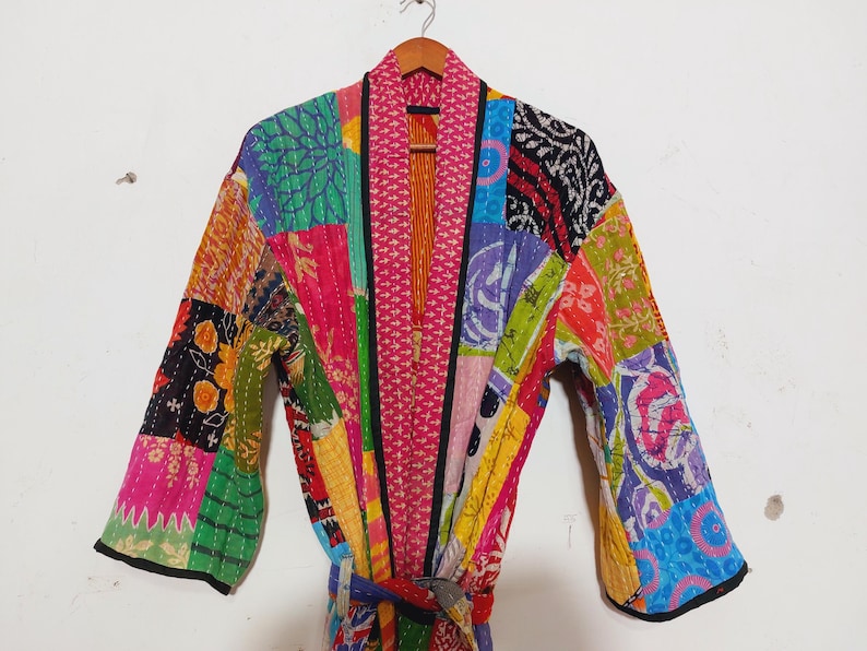 Vintage Kantha Patchwork Kimono Jacket, Boho Indian Sari Duster, Bohemian Cotton Robe image 7