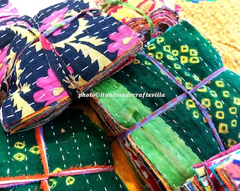 20 Pcs Indian Sari Fabric Squares: Kantha Quilt Cotton DIY Pack