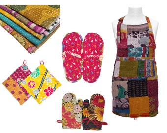 Set of Kitchen cooking wear Vintage kantha handmade Apron,Gloves,Dish Cloth,Kitchen Towel And Slippers.Images Only For reference