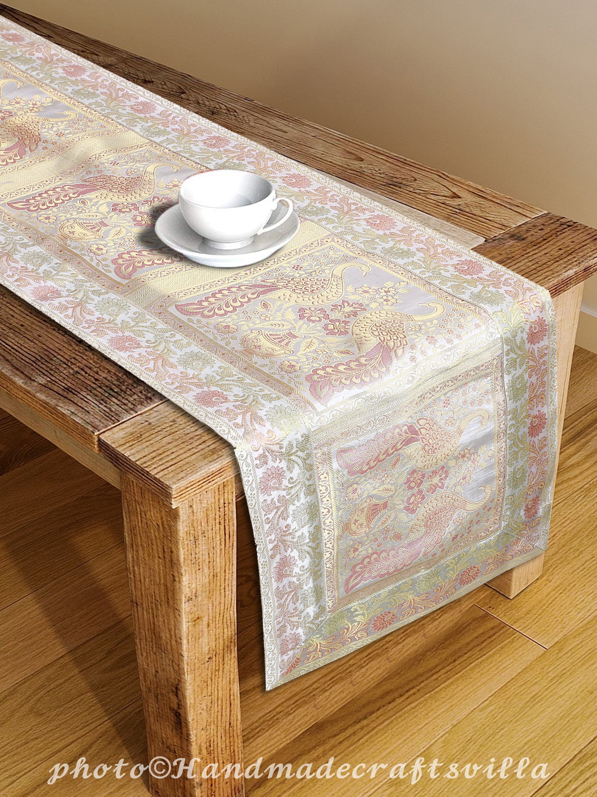 Indian Silk Brocade Table Runner Peacock Wedding Decorative Etsy