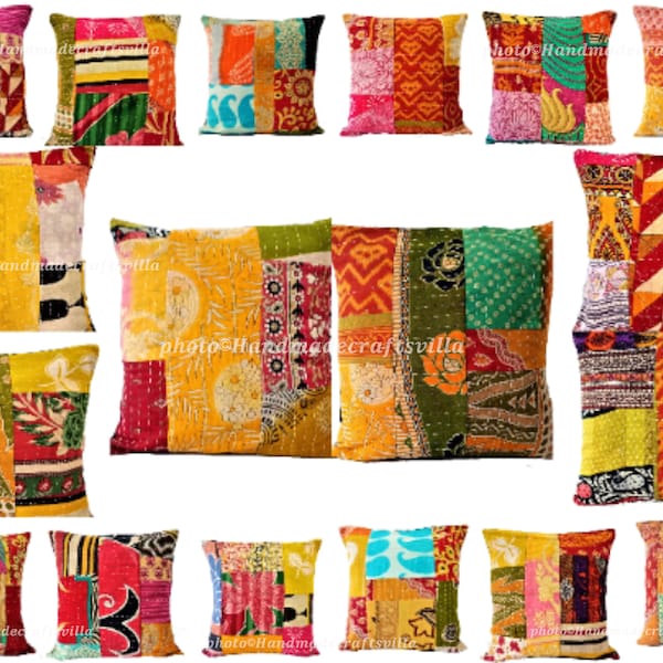 Mixed Set of 4 Pillow, Vintage Kantha Pillow Covers, Indian Bohemian Patchwork Kantha Cushion Cover Handmade Antique Kantha Throw Pillow