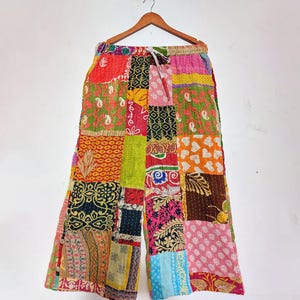 Boho kantha patchwork pyjamabroek: katoenen loungebroek, boho ontspannen handgemaakte broek