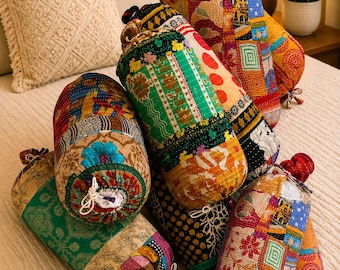 Vintage Kantha Quilt Bolster Pillow Covers Set of 2