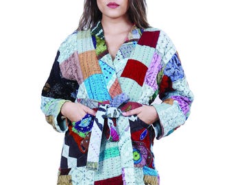 Quilted Patchwork Kimono Robe | Handmade Kantha Jacket | Sustainable Boho Cotton Coat | Ethical Artisan Clothing