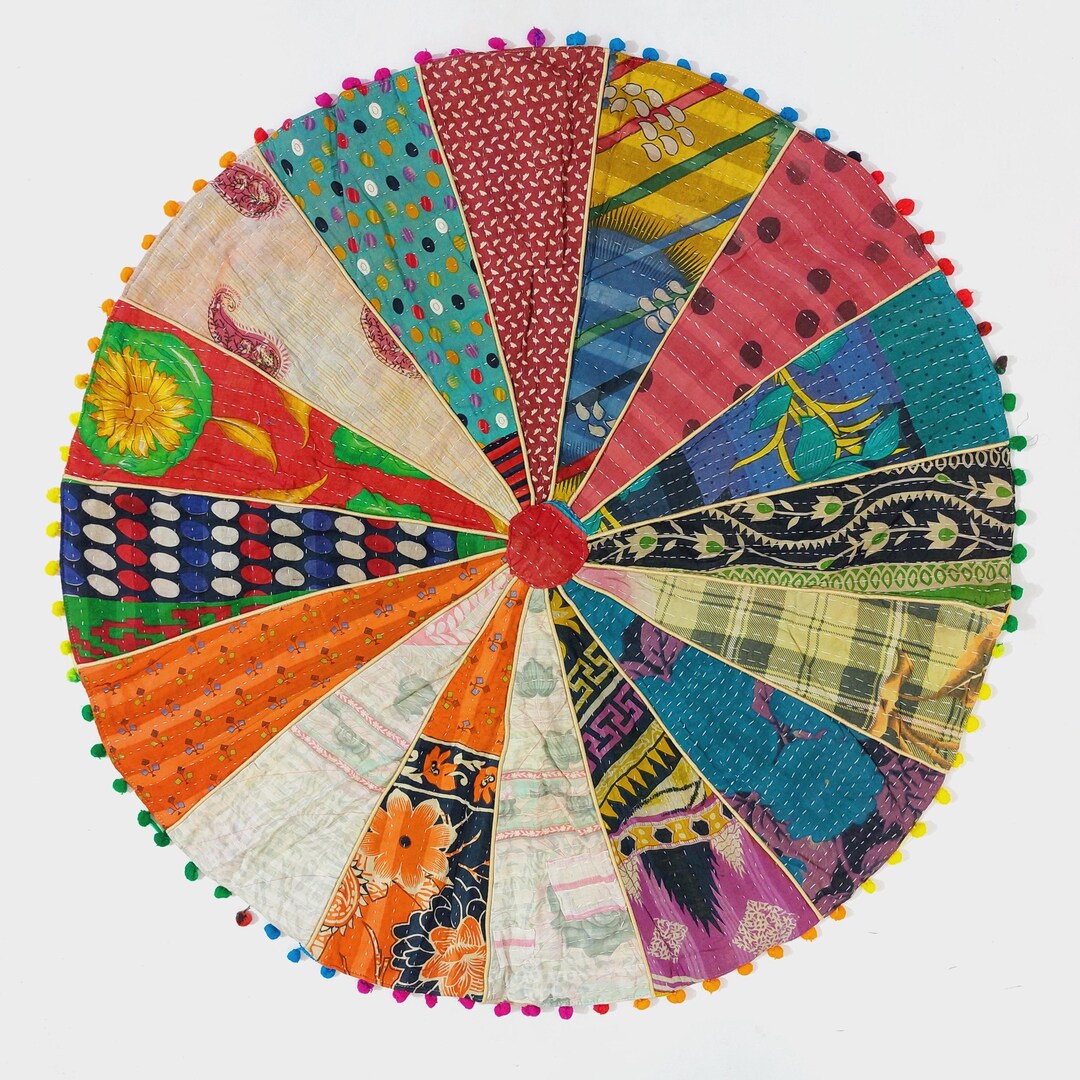 Boho Kantha Round Rug | Colorful Patchwork Mat | Sustainable Handmade ...