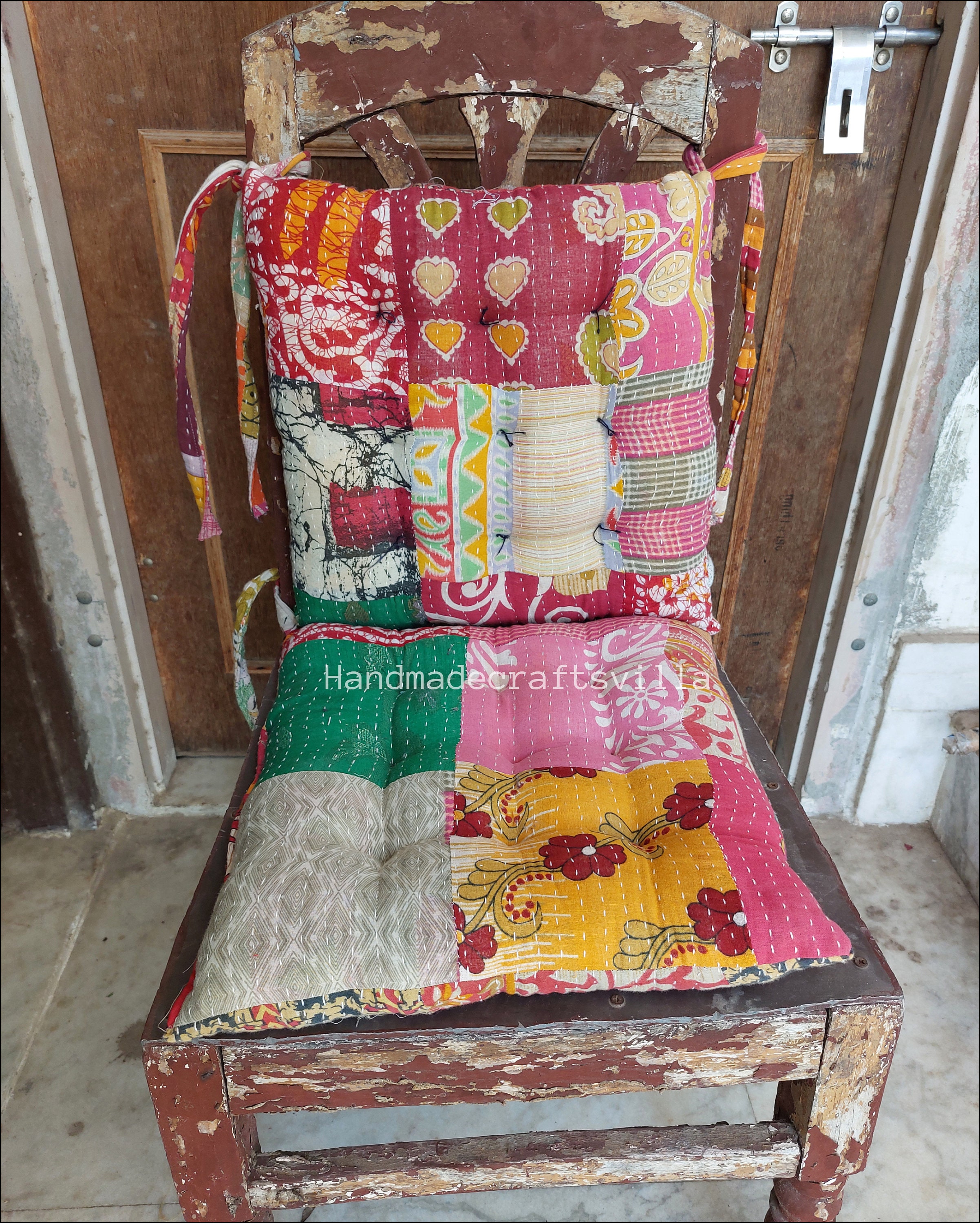 Handmade Kantha Chair Pad: 100% Cotton Seat Cushion