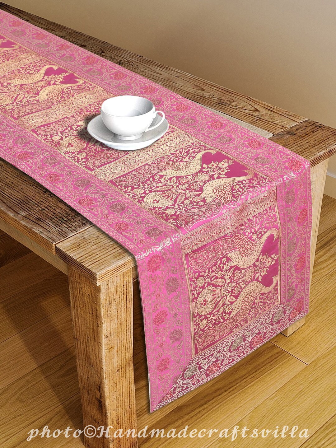Indian Table Runner Embroidered Zari Pink Brocade Table Linen Decor