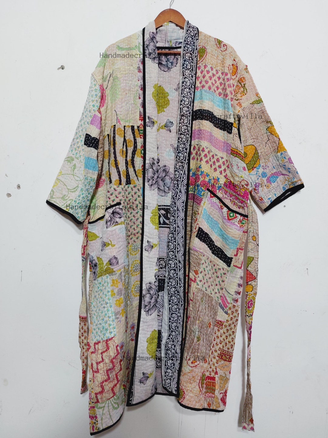 White Patchwork Bath Robe Vintage Kantha Cotton Kimono Cotton Robe ...
