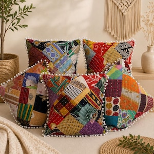 Vintage Kantha Patchwork Pillow Covers 5 Pcs, Indian Boho Cushion Covers, Colorful Sari Throw Pillow, Pom Pom Decorative Pillow